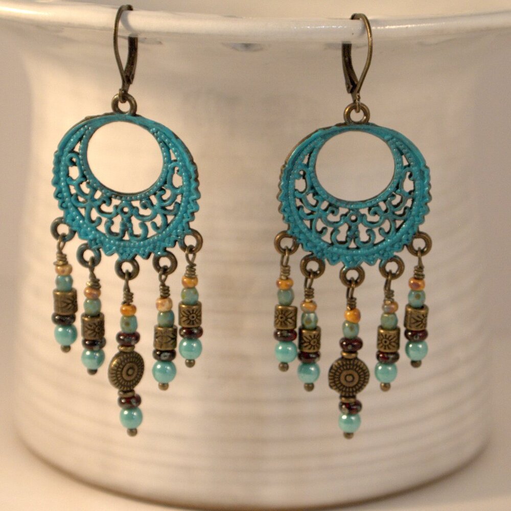Handmade Southwestern Turquoise Chandelier Earrings Pierced or Clip-on earrings